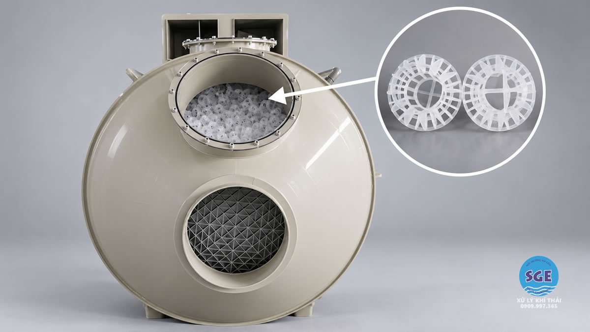 Tháp hấp thụ sử dụng vòng tách khí Pall Ring làm vật liệu đệm