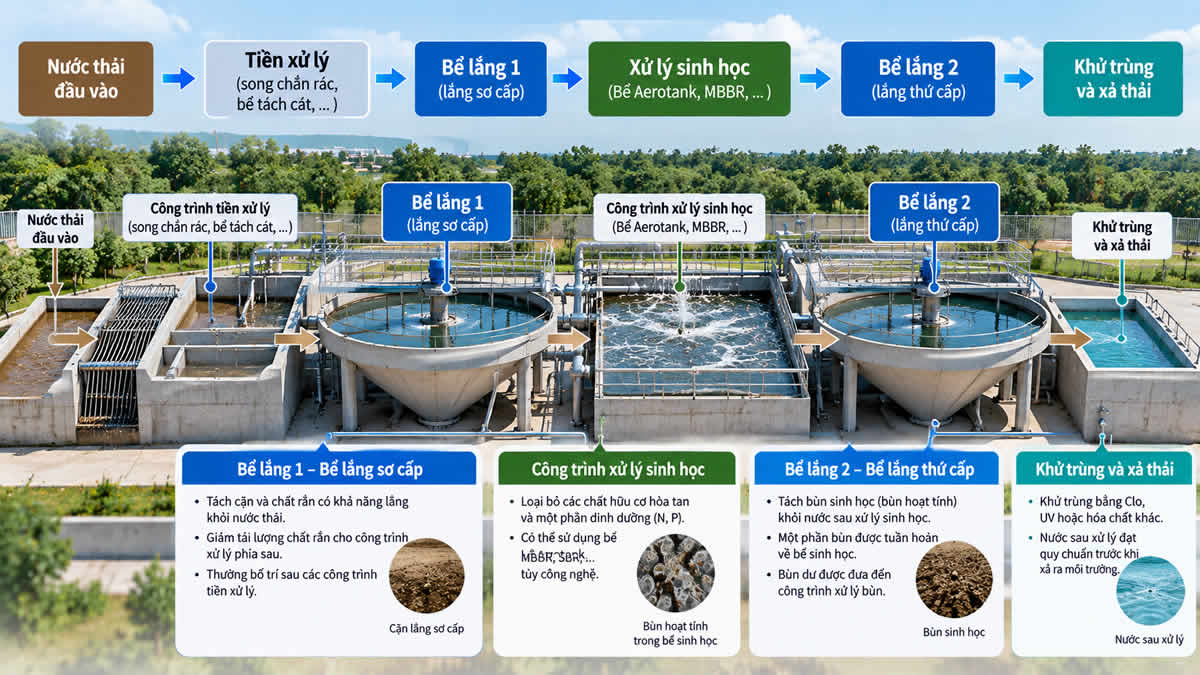 Vị trí bể lắng 1 và bể lắng 2 trong xử lý nước thải