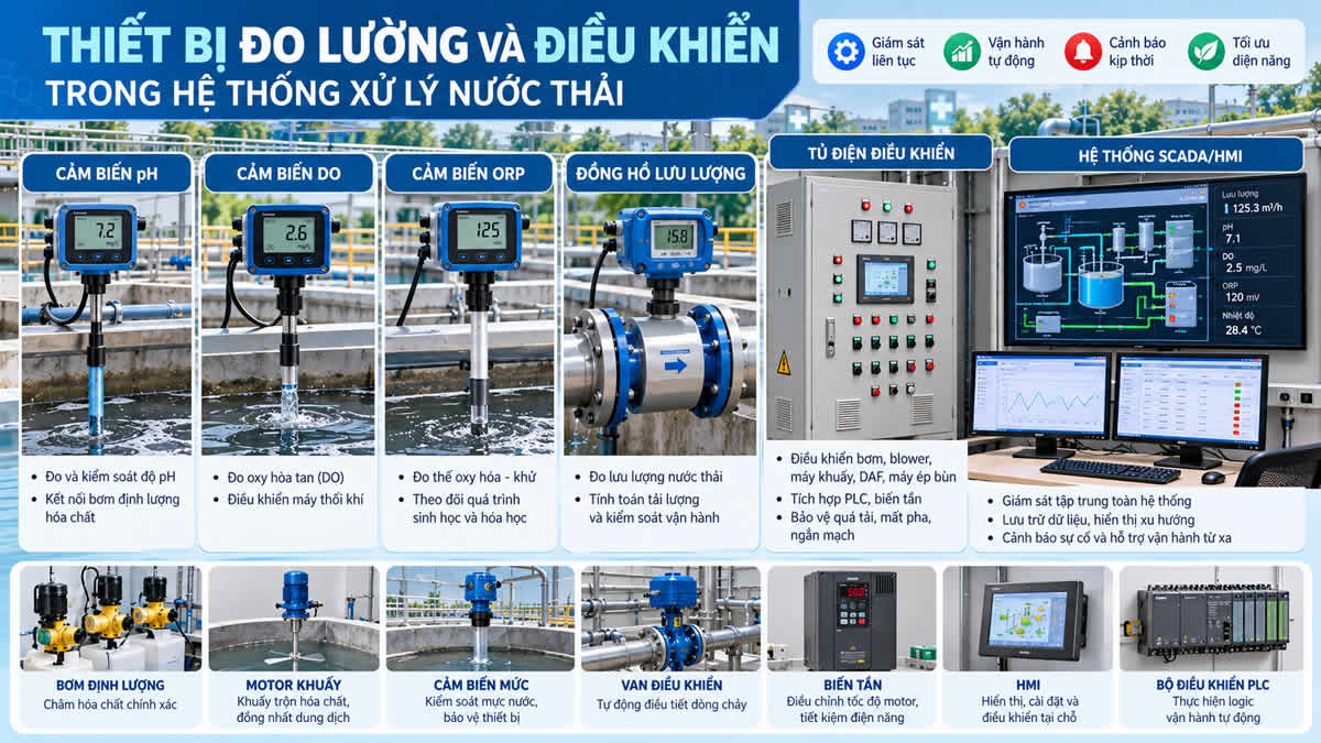 Thiết bị đo pH DO ORP lưu lượng tủ điện PLC trong xử lý nước thải