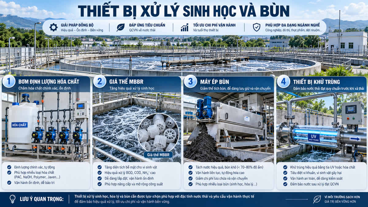 Giá thể MBBR bơm định lượng máy ép bùn và thiết bị khử trùng nước thải
