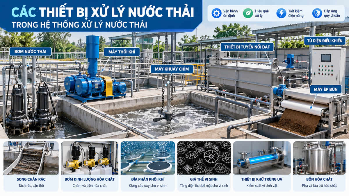 Các thiết bị xử lý nước thải gồm bơm máy thổi khí máy khuấy DAF và máy ép bùn