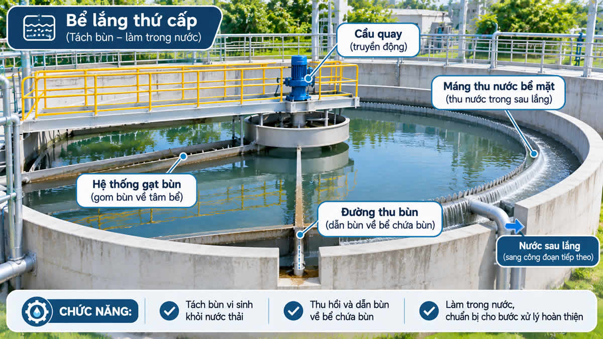 Bể lắng thứ cấp trong quy trình xử lý nước thải với hệ thống gạt bùn, máng thu nước bề mặt và đường ống thu bùn.