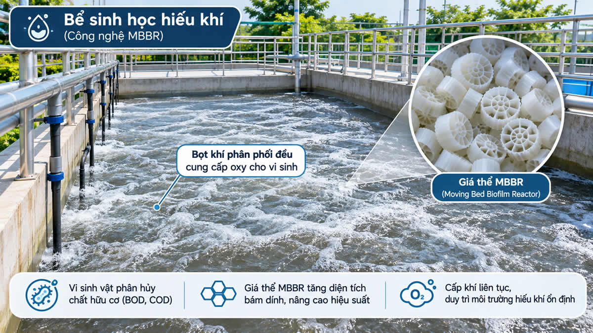 Bể sinh học hiếu khí MBBR trong quy trình xử lý nước thải bằng vi sinh vật, kết hợp hệ thống cấp khí và giá thể vi sinh