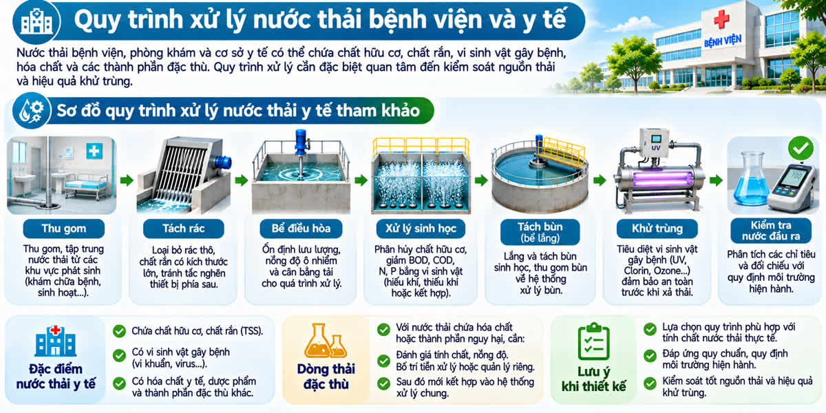 Sơ đồ quy trình xử lý nước thải bệnh viện và y tế gồm thu gom, tách rác, điều hòa, xử lý sinh học, tách bùn, khử trùng và kiểm tra nước đầu ra.