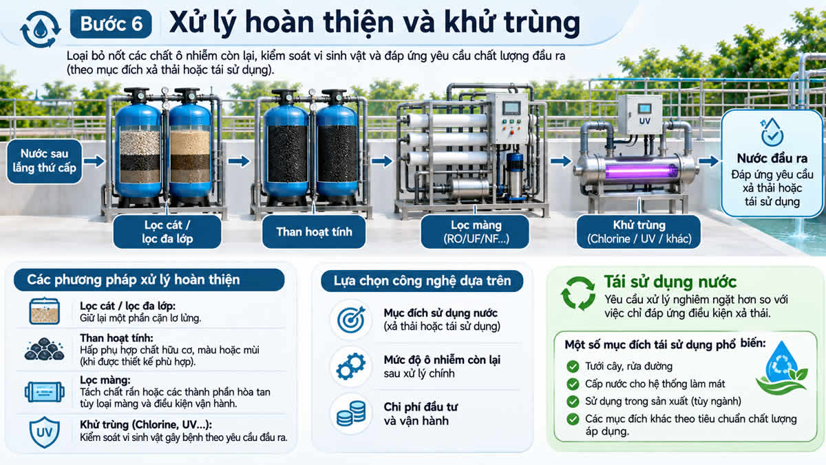 Quy trình xử lý hoàn thiện và khử trùng nước thải bằng lọc cát, than hoạt tính, lọc màng RO/UF/NF và khử trùng UV.